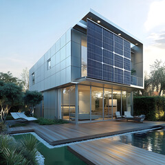Modern house with solar panels, serene setting.