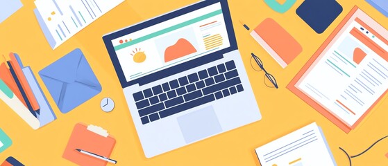 Workspace, laptop, documents, yellow background