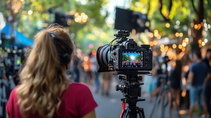 Camera operator at outdoor event shooting video
