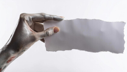 Scary hand holding blank and torn paper on white background.