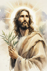 Obraz premium Jesus Christ holding an olive branch watercolor illustration
