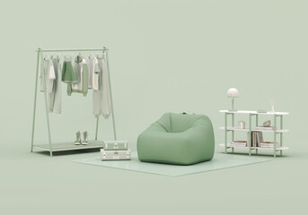 Clothes hanging on a rack, lamp and armchair on green background. Creative composition. Light background with copy space. 3D render for web page, presentation, studio, store fashion	
