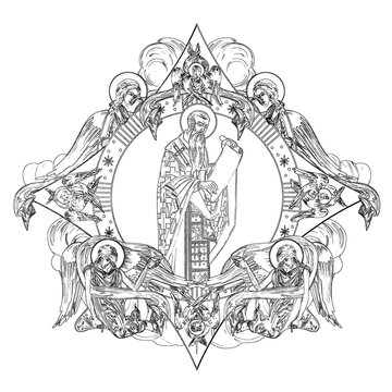 recommend clip art: Basil of Caesarea. Religious dome with apostles and angels in sky. Coloring page in Byzantine style