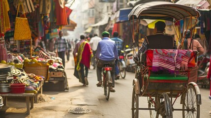 Obraz premium A bicycle rickshaw transporting passengers through a vibrant market, with stalls and shoppers visible, Urban setting with traditional transport