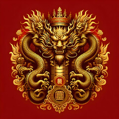 Golden Dragon of Fortune: A majestic golden dragon with intricate details spirals around a radiant sun within a circular frame, a powerful symbol of prosperity and luck in Chinese culture.