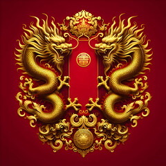 Obraz premium Golden Dragon of Fortune: A majestic golden dragon with intricate details spirals around a radiant sun within a circular frame, a powerful symbol of prosperity and luck in Chinese culture.