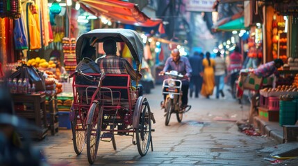 A bicycle rickshaw transporting passengers through a vibrant market, with stalls and shoppers visible, Urban setting with traditional transport