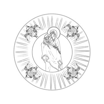 recommend clip art: Holy Mary with Jesus. Greek medallion- coloring page in Byzantine style