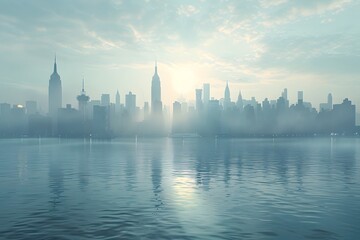 Serene Morning in the City: A Misty Skyline Reflection
