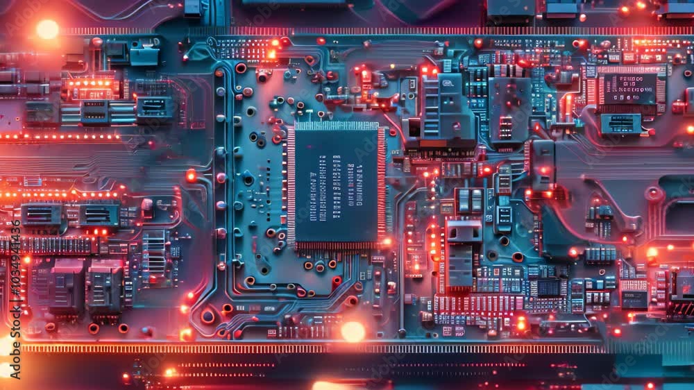 Poster a detailed view of a computer circuit board, showcasing the intricate pattern of electronic componen