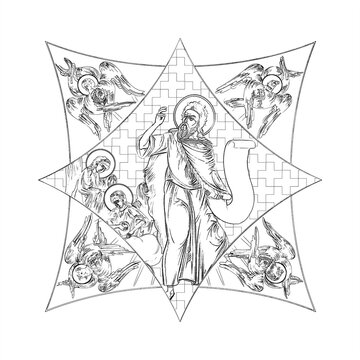 recommend clip art: Saint Jelia (name english). Cross dome with 4 apostles, angels and seraphim. Coloring page in Byzantine style