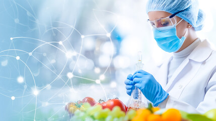 A researcher in a lab coat and protective gear carefully analyzes tomatoes using laboratory equipment and conducting experiments in a bright, modern lab