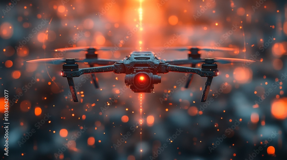 Poster a drone equipped with a bright light hovers above a landscape filled with glowing particles and ligh