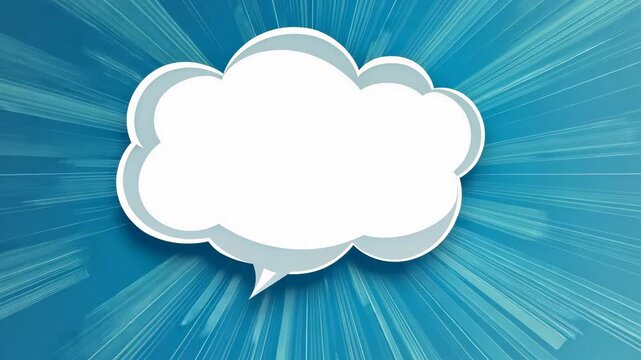 A white speech bubble with a gray outline sits on a blue background with white lines radiating outwards