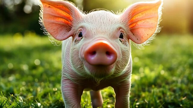 A pink piglet looks up at the camera in a field of green grass