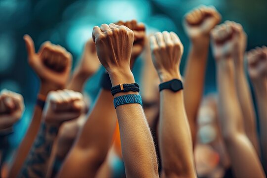 Raised fists in the air, showing unity. This image represents people coming together for a common cause.