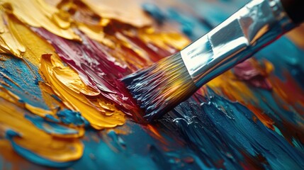 Fototapeta premium A paintbrush lays on colorful oil paints. This photo can represent creativity and artistry, or the process of painting and creating art.