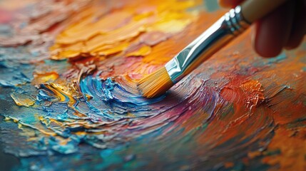 Fototapeta premium A brush mixes colors on a palette. This is a perfect image for projects about art, creation, or the creative process.