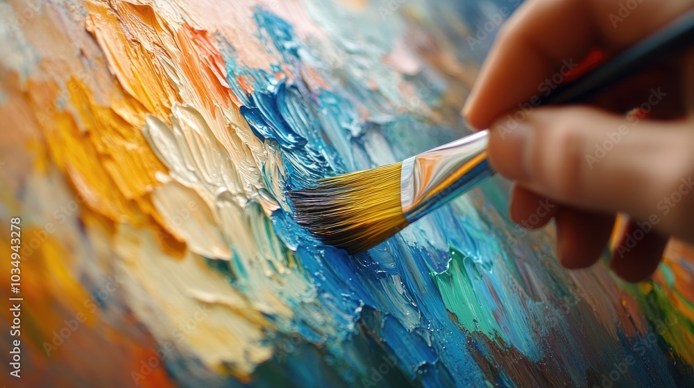 Poster a hand uses a brush to paint a colorful canvas. the image captures the act of creation and the proce