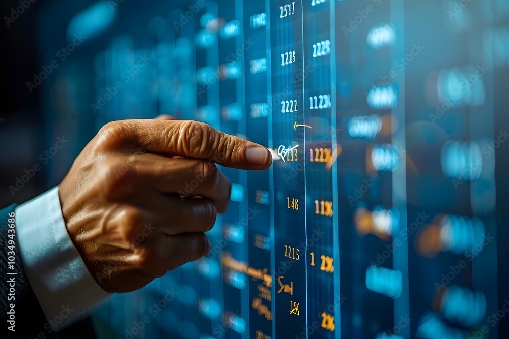Poster analyzing financial data on a digital display