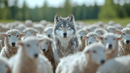 wolf stands confidently among large flock of sheep, creating striking contrast in serene landscape. scene captures tension between predator and prey, evoking sense of intrigue and curiosity