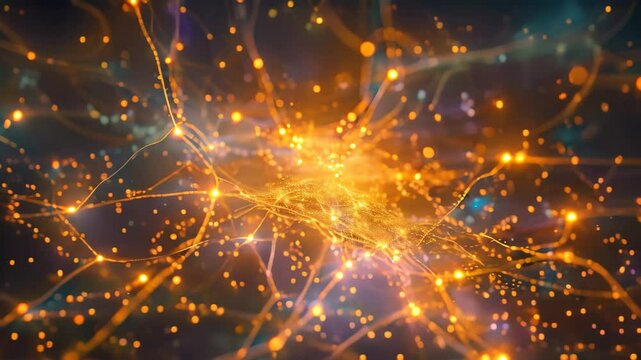 This computer-generated Video depicts vibrant yellow and blue light in a dynamic arrangement, Digital representation of the human brain&acirc;&euro;&trade;s neural network