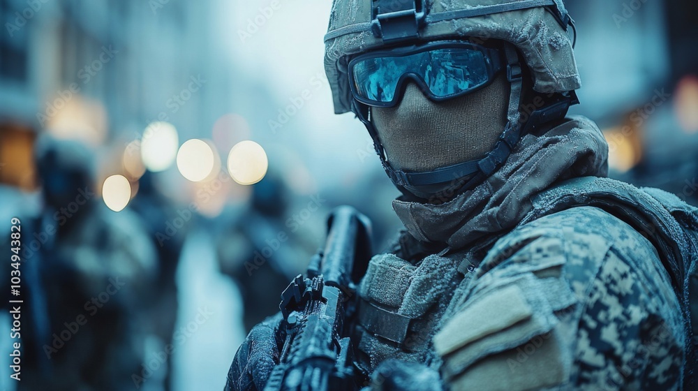 Poster in a winter city environment, soldiers in tactical gear stand ready for action, demonstrating focus 