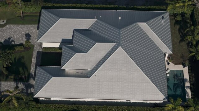 Element of new roof on an residential building. aerial shot on sunny day. Florida