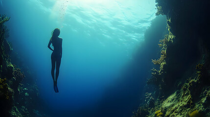 Fototapeta premium Silhouetted Diver Exploring Underwater Canyon with Sunlight Streaming in