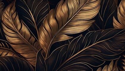 Golden Leaves on Black Background textured with intricate lines and details.