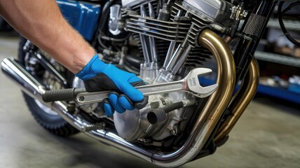 Fototapeta premium Hand using a wrench on a motorcycle engine, close-up shot, blurred background.