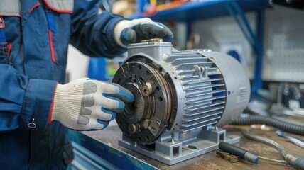 Technician repairing an electric motor in a workshop environment.