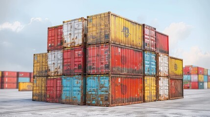 Fototapeta premium Stack of Cargo Containers at a Port, Isolated on a White Background for Use in Shipping and Logistics Projects