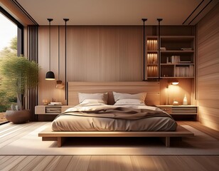 3D image of a minimalist bedroom, simple, made of wood, modern, comfortable to the eyes, Generative AI