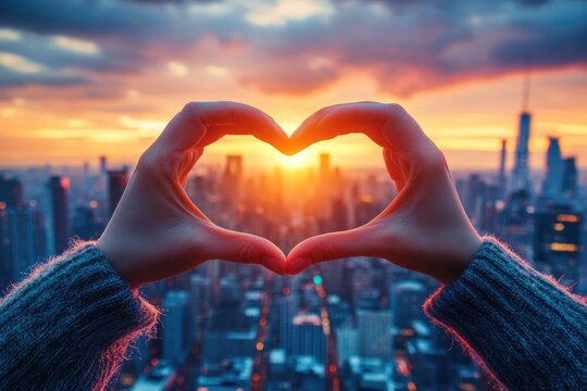 Hands forming a heart shape over the city skyline. A romantic image symbolizing love for a city or the people in it.