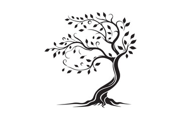 Flowing Tree Silhouette with Curved Branches and Leaves 10.eps