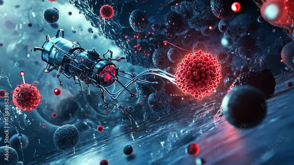 Poster a futuristic robotic device targets a virus in a digitally rendered scene