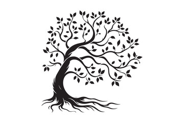 Flowing Tree Silhouette with Curved Branches and Leaves 12.eps