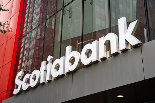 Scotiabank logo sign. Scotiabank is a Canadian multinational banking and financial services company. Toronto, Canada - October 1, 2024.