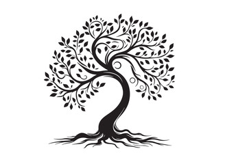 Flowing Tree Silhouette with Curved Branches and Leaves 17.eps