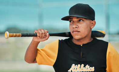 Baseball, thinking and man with bat in match on field of stadium for training, practice and...