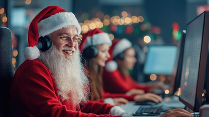 Santa claus working in call center with team during christmas season celebration