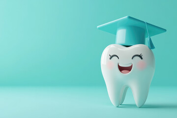 Happy tooth with graduation cap celebrating dental education success