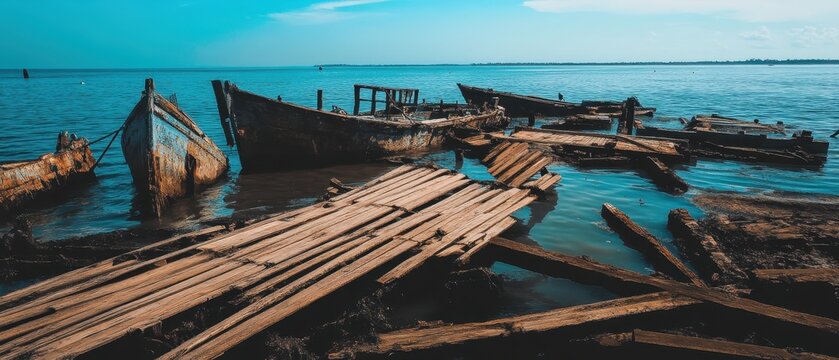 A serene waterfront scene with abandoned wooden boats and driftwood scattered across calm waters under a clear blue sky. - Powered by Adobe