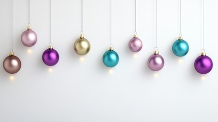 Obraz premium Colorful Christmas ornaments hang against a white background, adding a festive touch to holiday decorations.