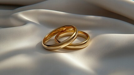 Two gold wedding bands resting on smooth white silk with soft lighting, symbolizing love and commitment.