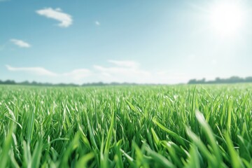 Obraz premium Vibrant green grass under a clear blue sky with soft clouds and sunlight illuminating the serene landscape.