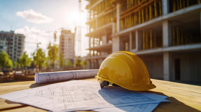 Construction site with hard hat and blueprints on table during sunny day at building project