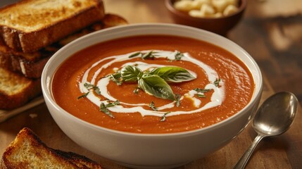 A bowl of creamy tomato soup garnished with a swirl of cream and fresh basil leaves, served with a side of grilled cheese sandwich halves, Soup centered