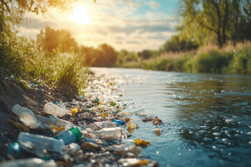 Pollution crisis: plastic waste littering scenic river landscape at sunset
